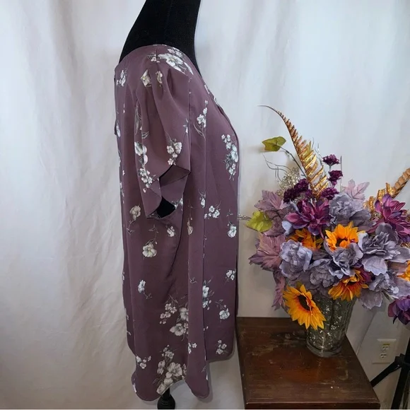 Papermoon Mauve Floral Blouse Puff Sleeve Keyhole Back Plus Size 2X - Picture 4 of 7